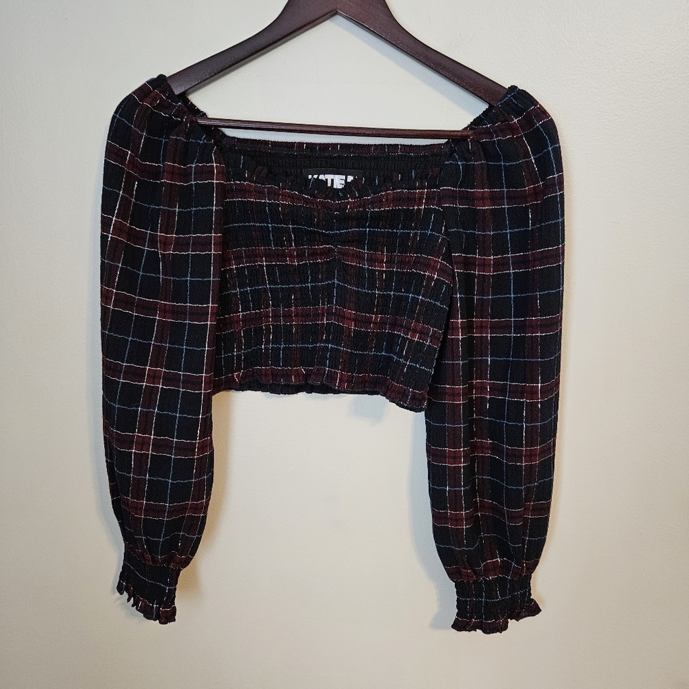 Katie J NYC Top Plaid Off-Shoulder Crop Long Sleeve Red Black Blue Casual Date